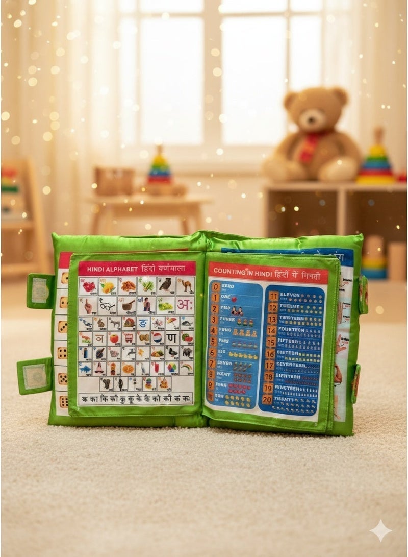 HAPZEY Learning Cushion Pillow Book for Kids with 2 Languages – English & Hindi (Green) - Image 1